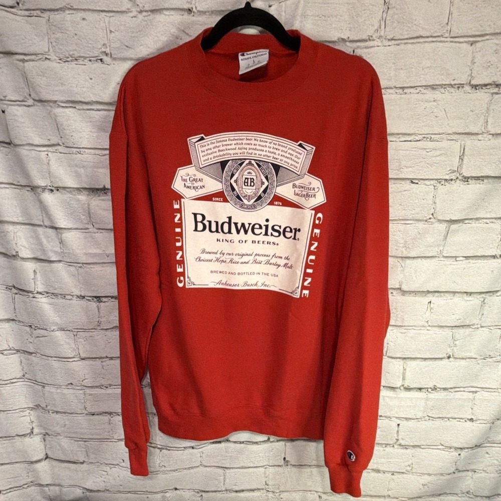 Budweiser Champion Sweatshirt Men L Red Crewneck Beer Graphic Pullover Logo